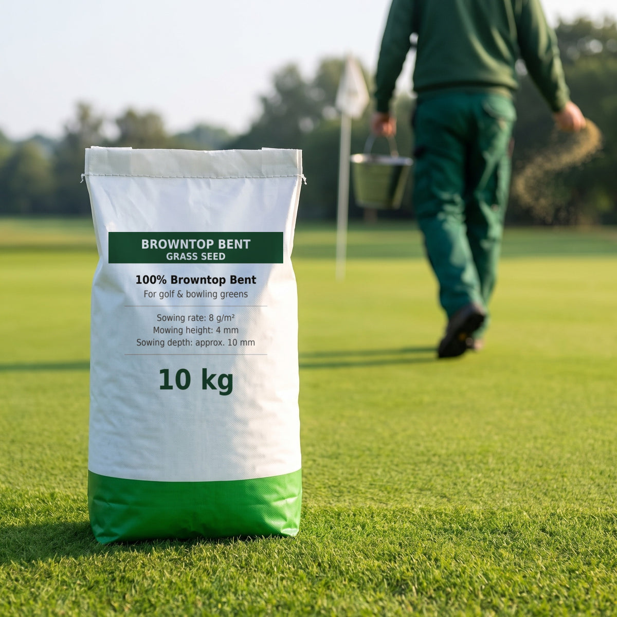 Browntop Bent Grass Seed 10kg bag beside a golf green while a greenkeeper sows seed