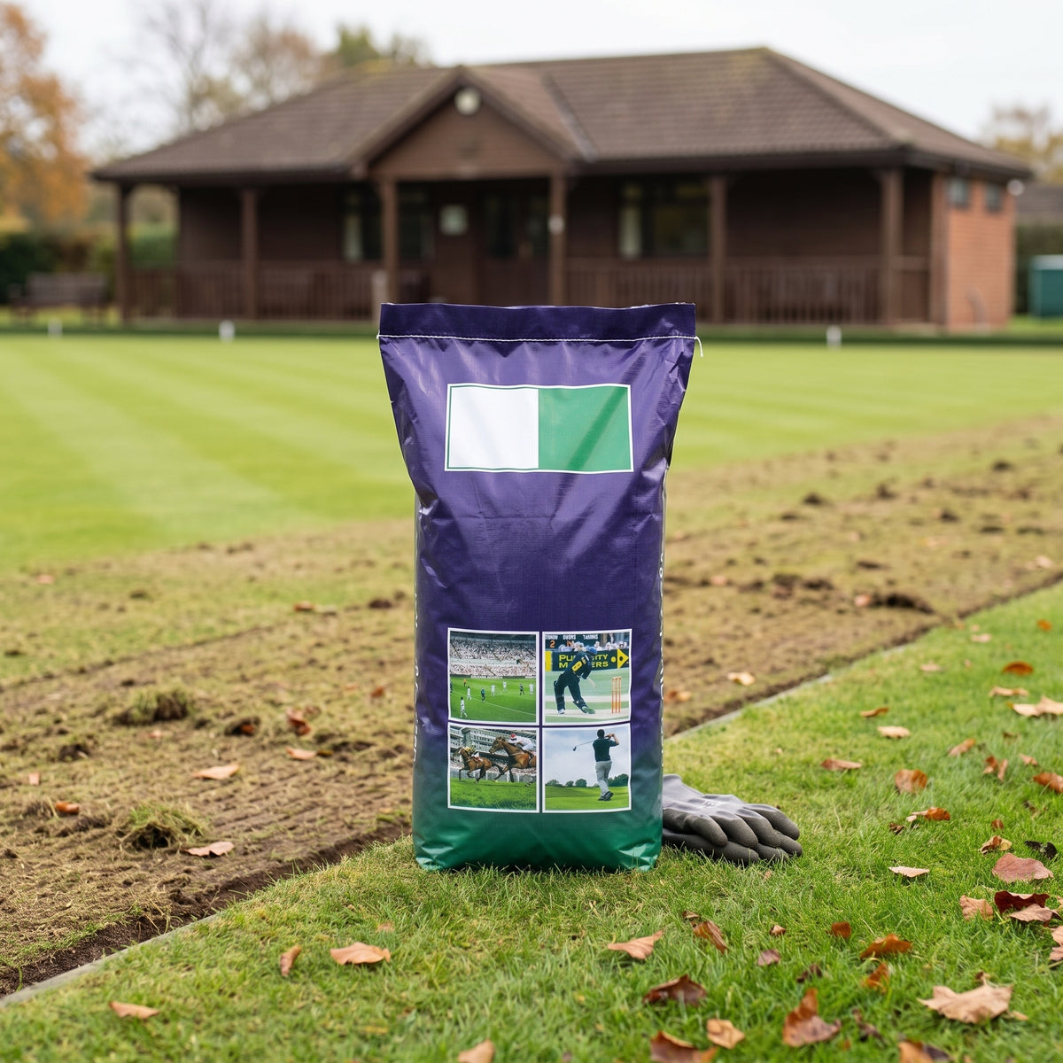 Bag of 100% browntop bent grass seed beside a scarified bowling green during autumn renovation