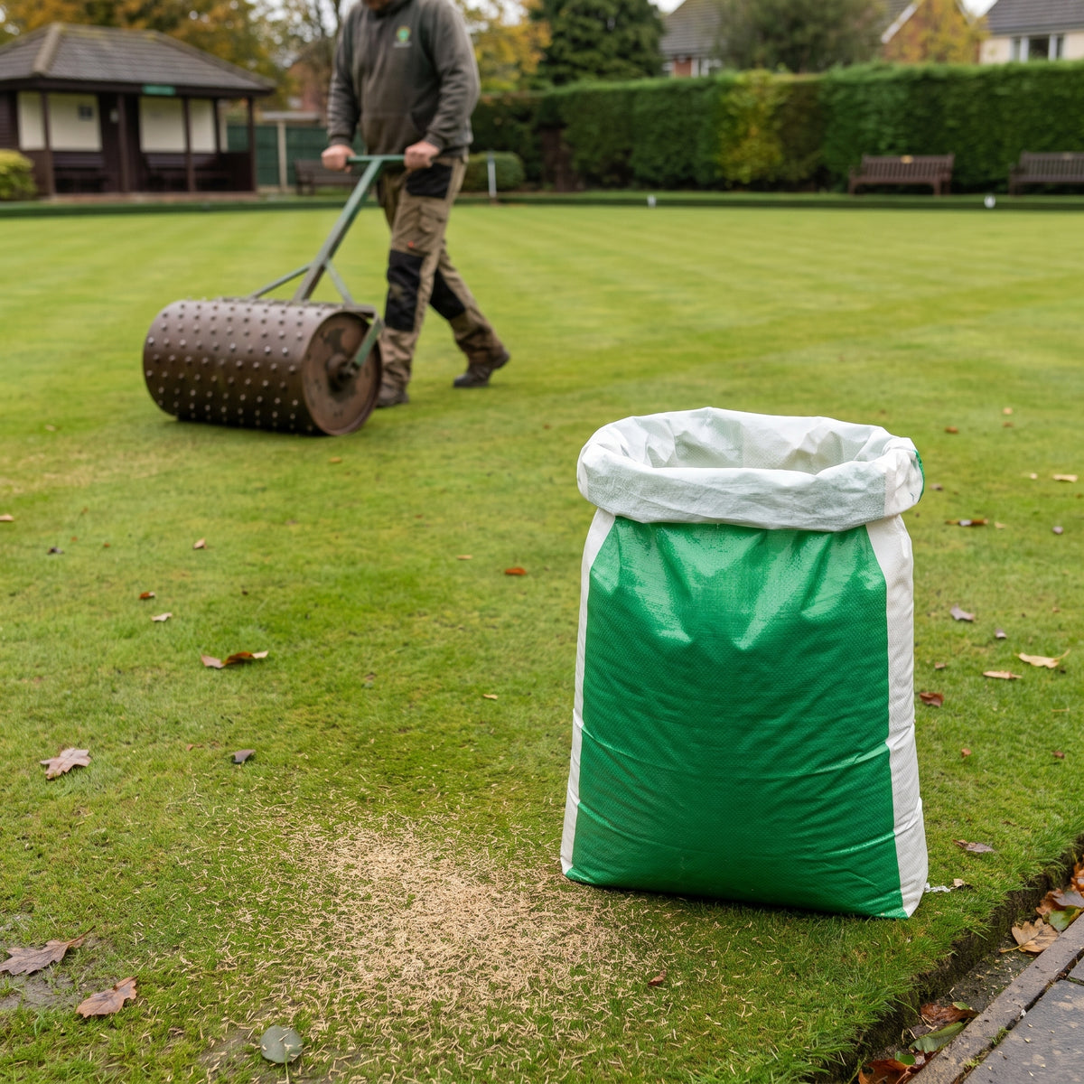 Groundsman using a studded seed roller to overseed a bowling green with browntop bent grass seed
