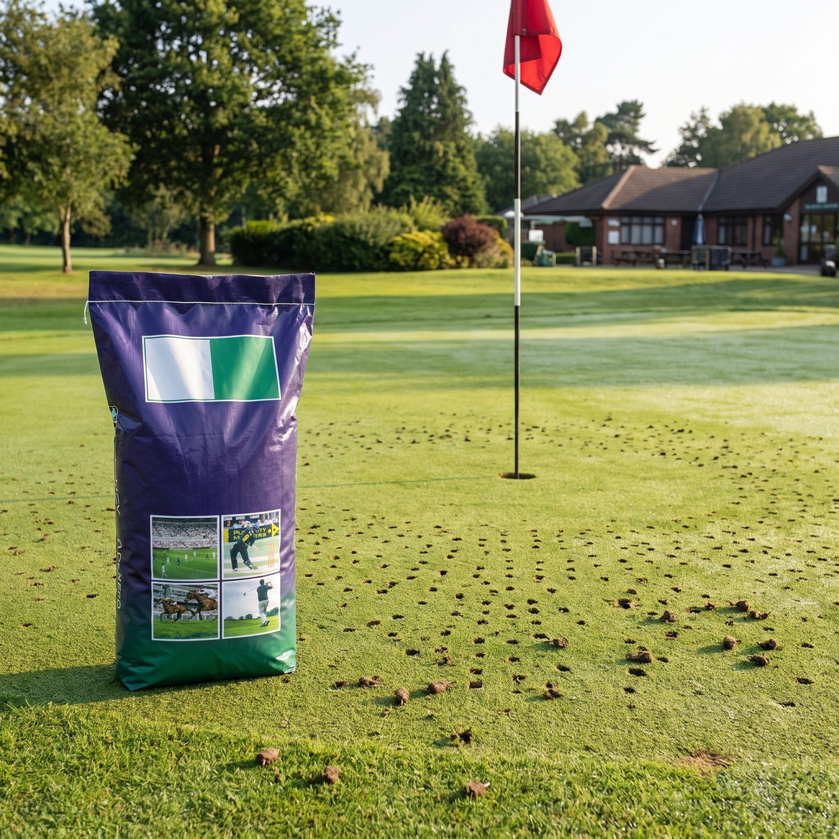 Bag of 100% browntop bent grass seed on a hollow-cored golf putting green ready for overseeding