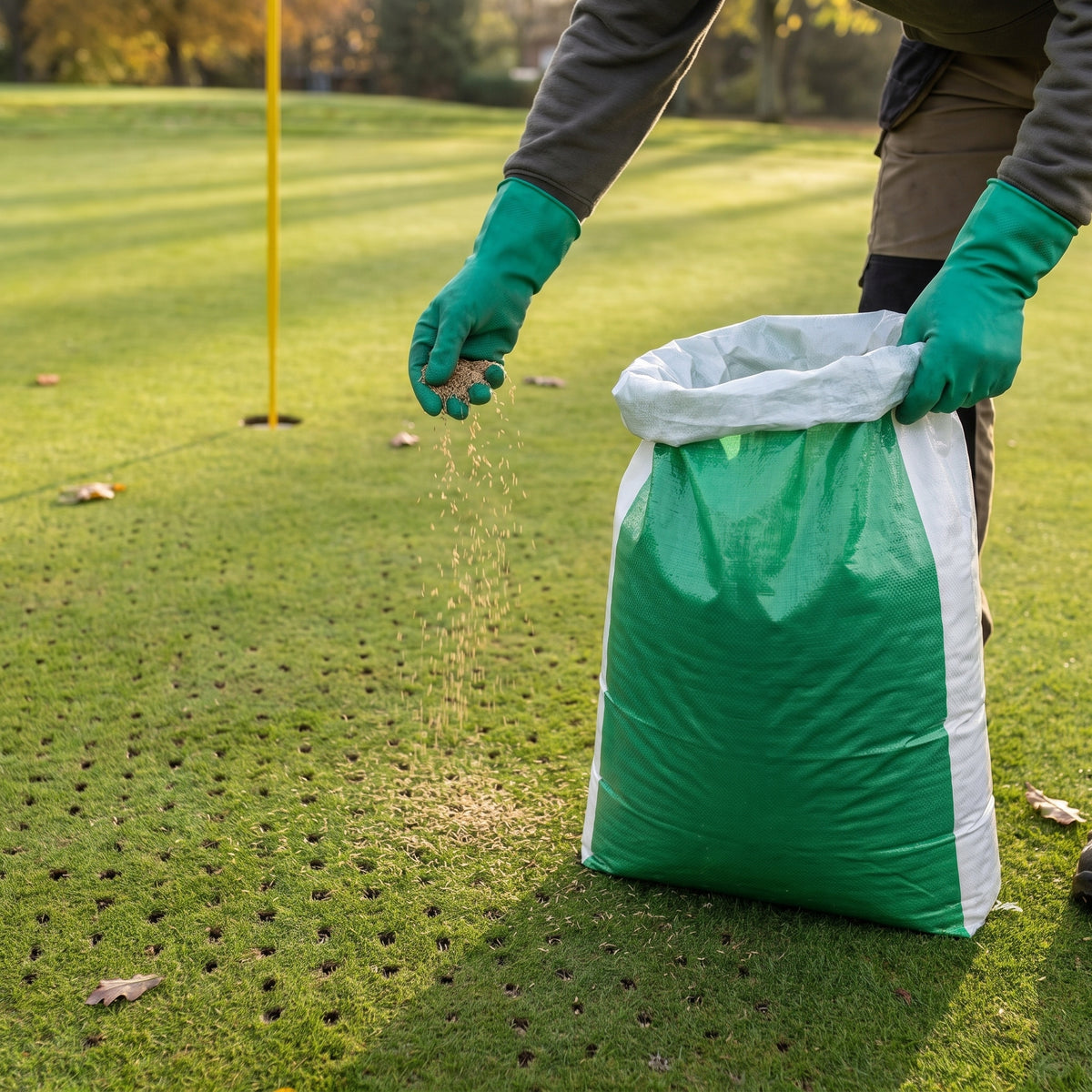 Greenkeeper hand-sowing 100% browntop bent grass seed into hollow-tined holes when overseeding a golf putting green
