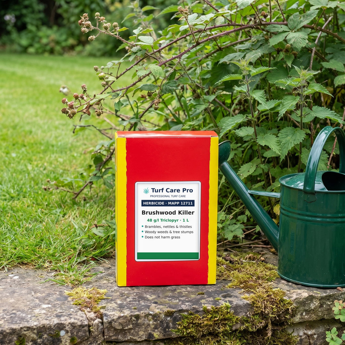 1L brushwood killer pack on a garden step beside brambles and nettles with a watering can