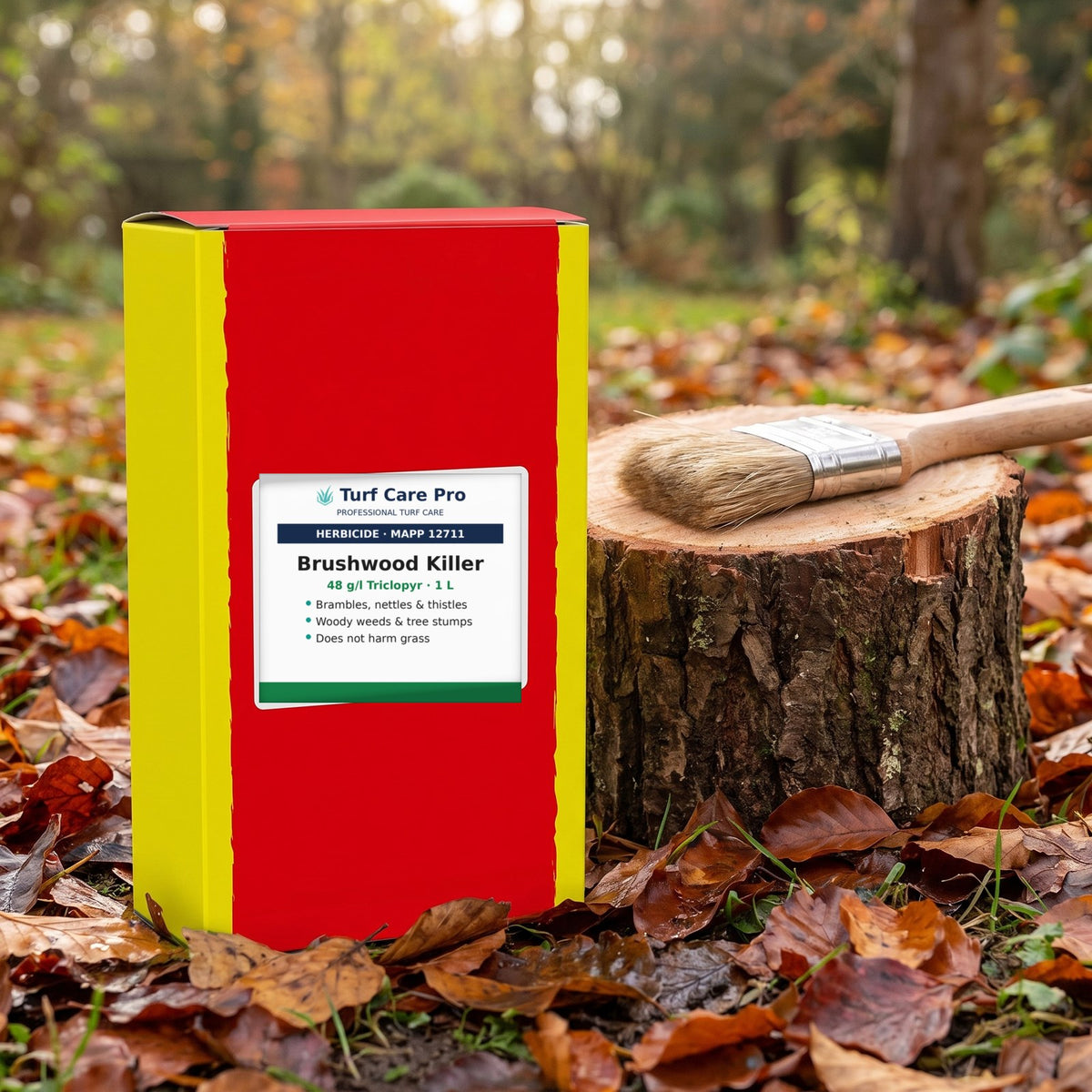 1L brushwood killer pack next to a cut tree stump with a paintbrush for stump treatment