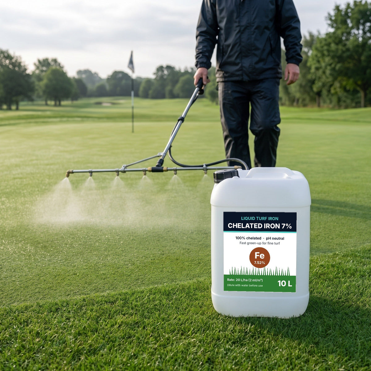 10L chelated iron 7% liquid turf iron container on a golf green while a greenkeeper applies it with a boom sprayer