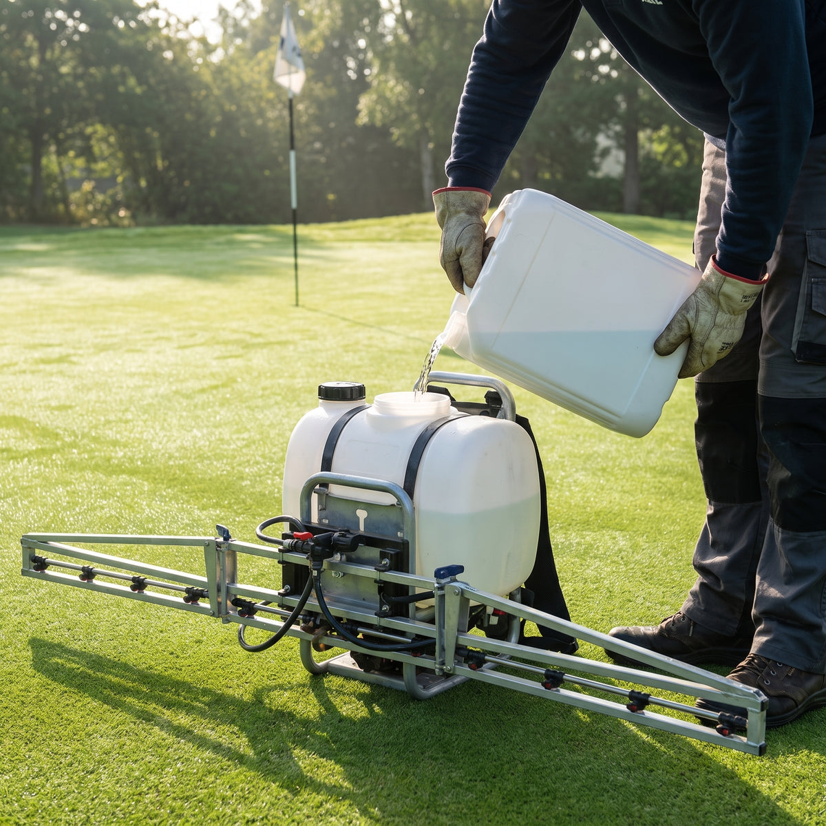 Chelated trace element liquid fertiliser 10L being added to a turf sprayer on a golf green