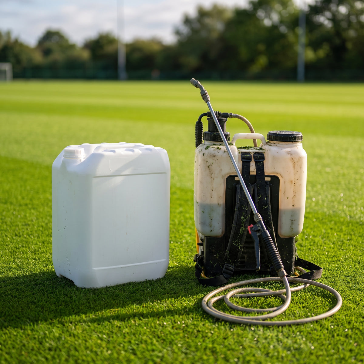 Chelated trace element liquid fertiliser 10L on a sports pitch with a knapsack sprayer