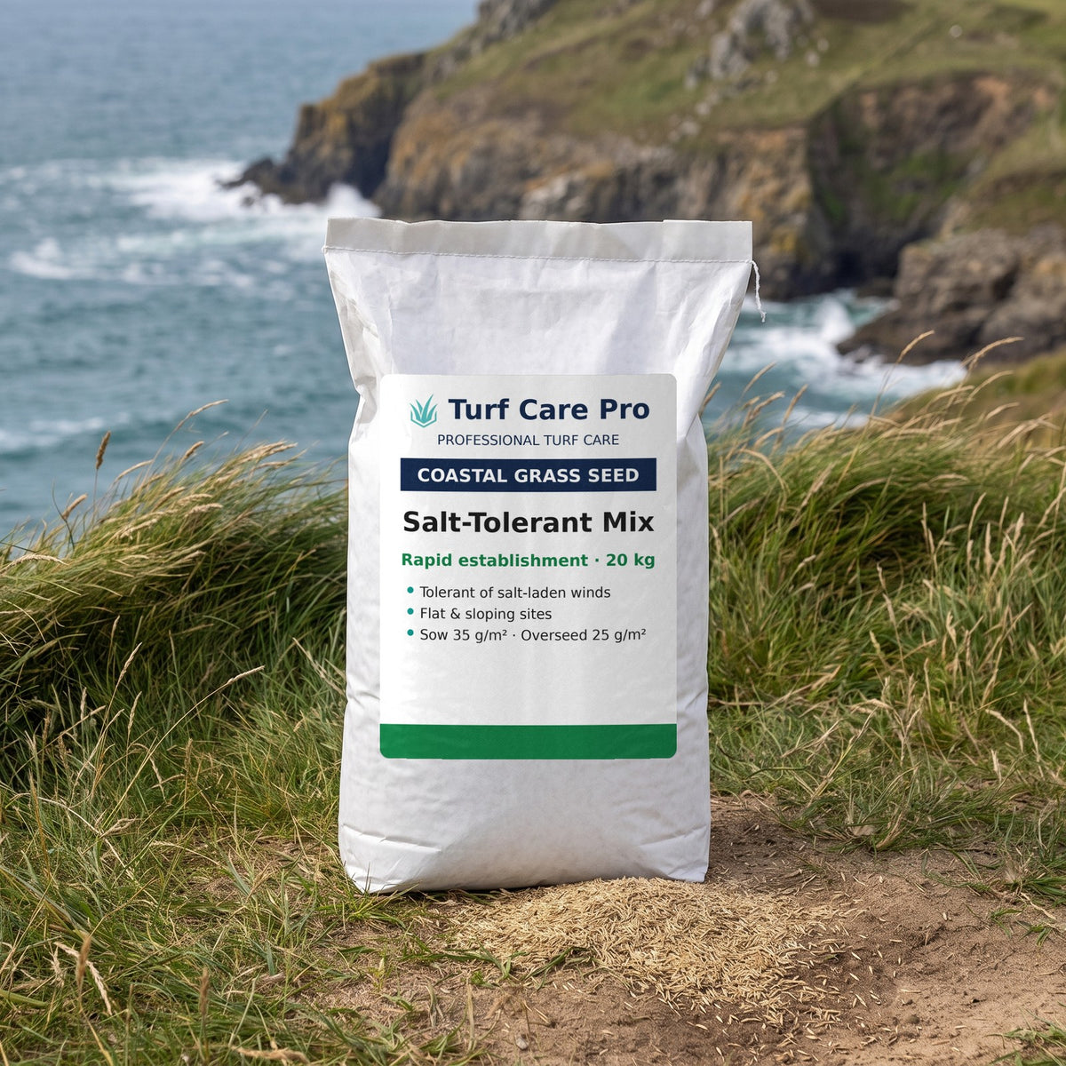 20kg salt-tolerant coastal grass seed bag on a windswept clifftop with seed spilled in front