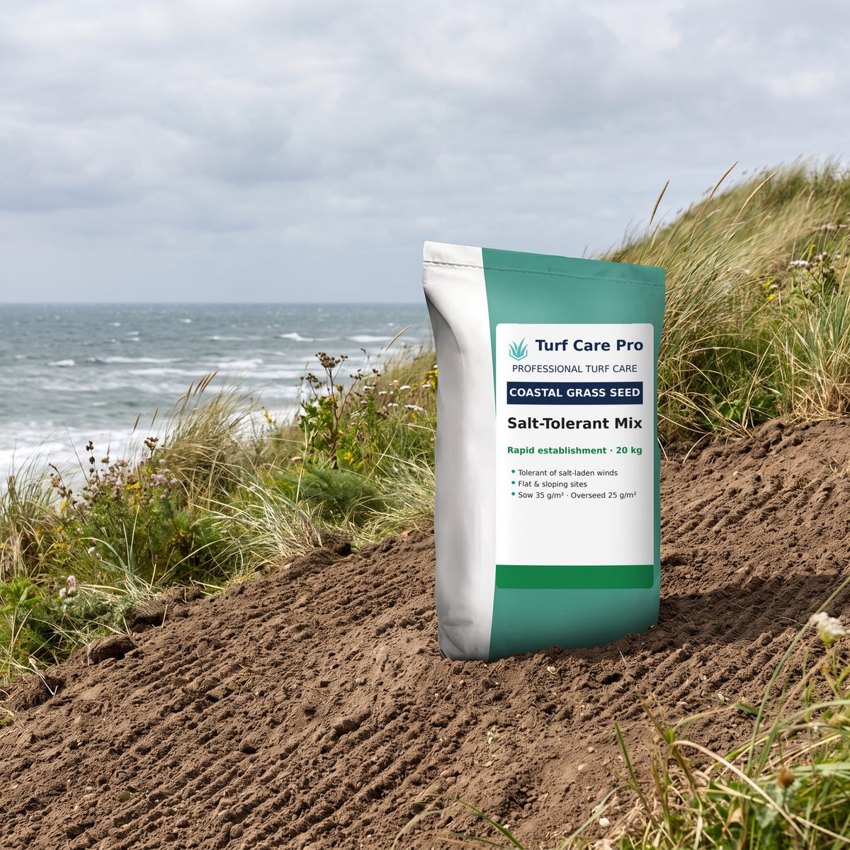 20kg coastal grass seed bag on a prepared sloping seaside embankment