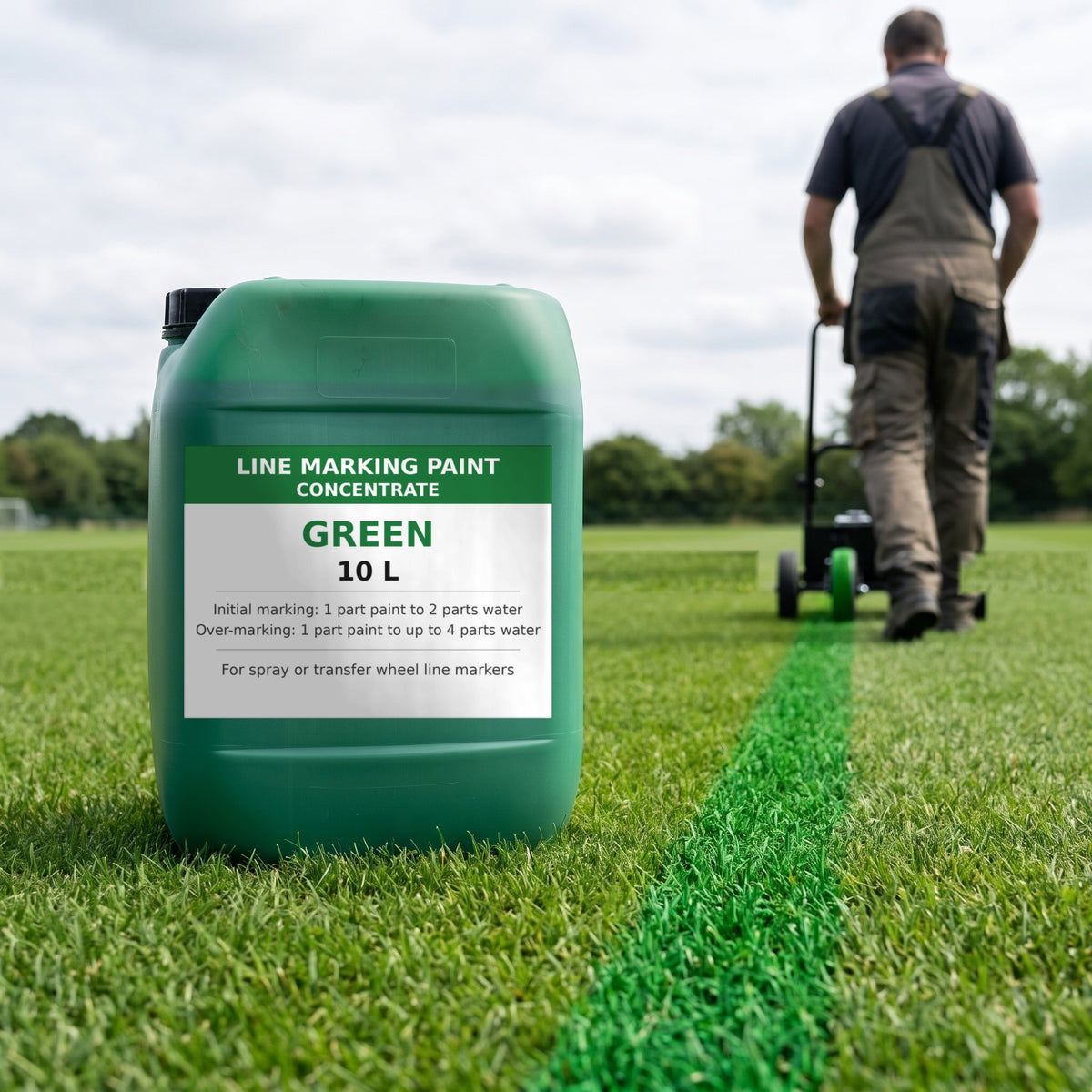 Green line marking paint concentrate 10L with a green line being marked by a transfer wheel line marker