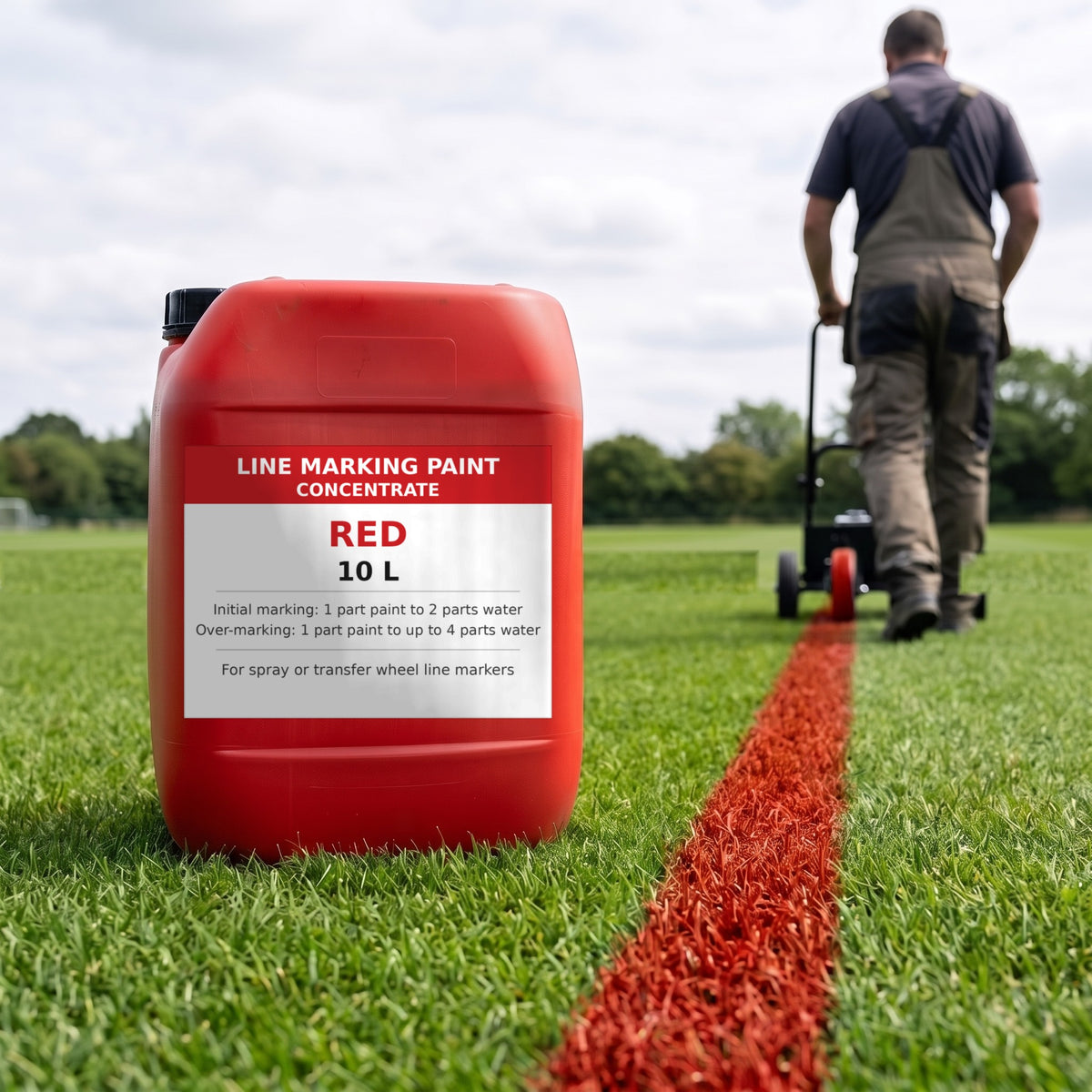 Red line marking paint concentrate 10L with a red line being marked by a transfer wheel line marker