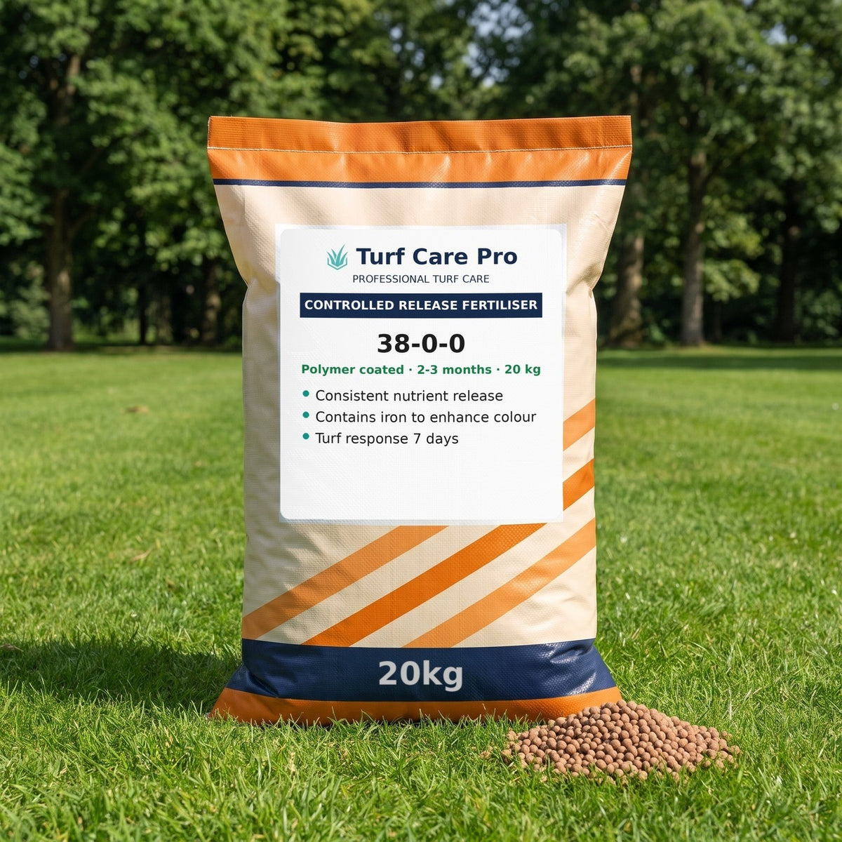 20kg 38-0-0 controlled release fertiliser bag with coated granules on an amenity lawn