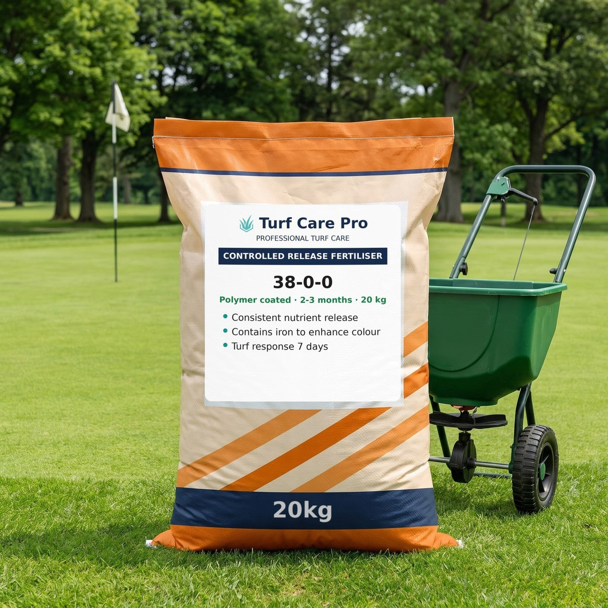 20kg 38-0-0 controlled release fertiliser bag beside a rotary spreader on a golf green