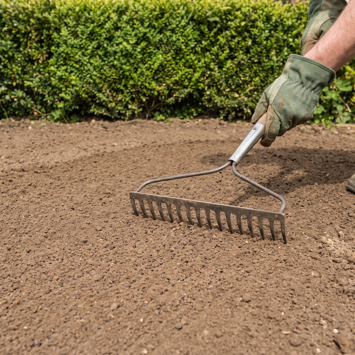 Wildflower seed pressed into a prepared fine-tilth seedbed with the back of a rake