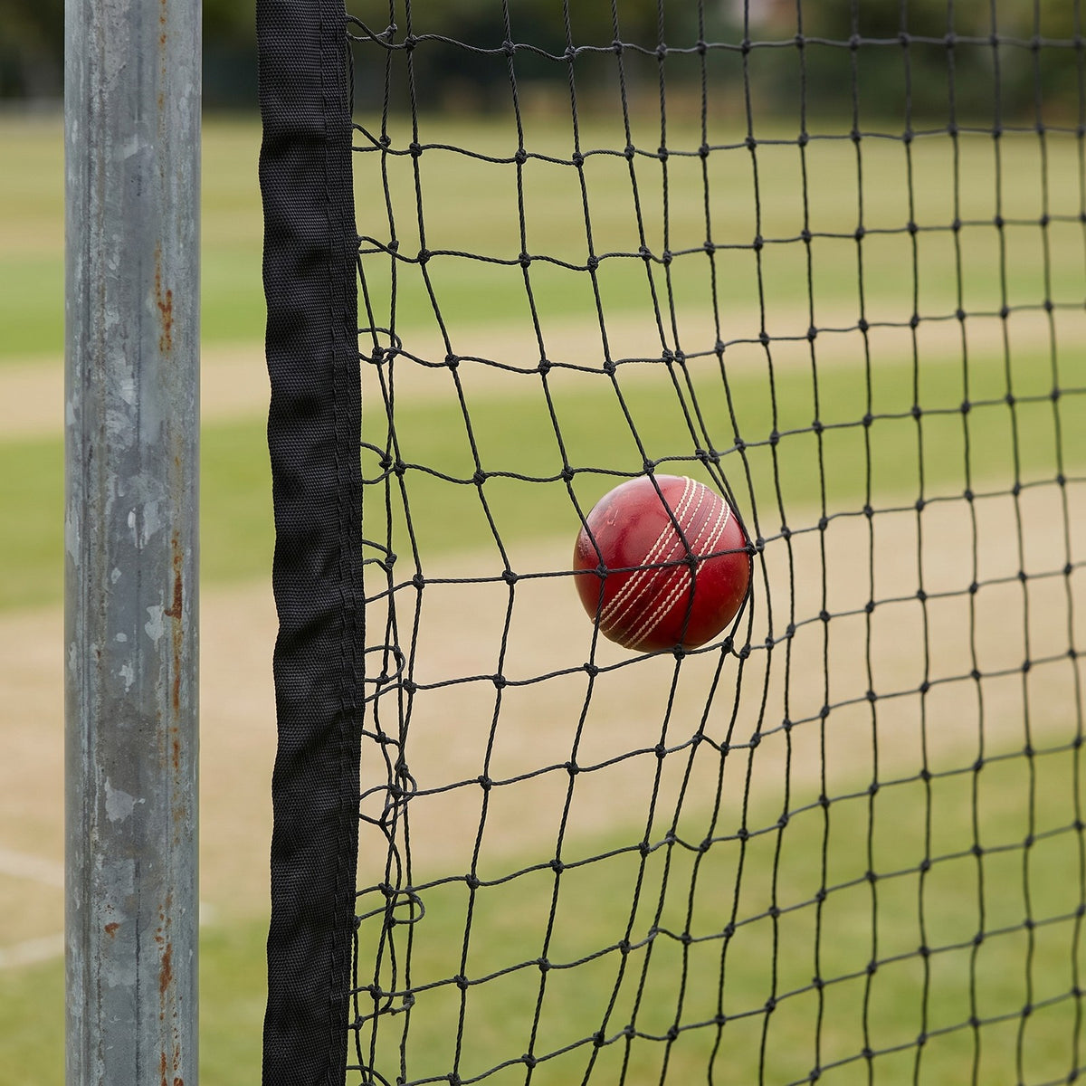 Close-up of 2.0mm black polypropylene cricket netting with 50mm square mesh and a cricket ball