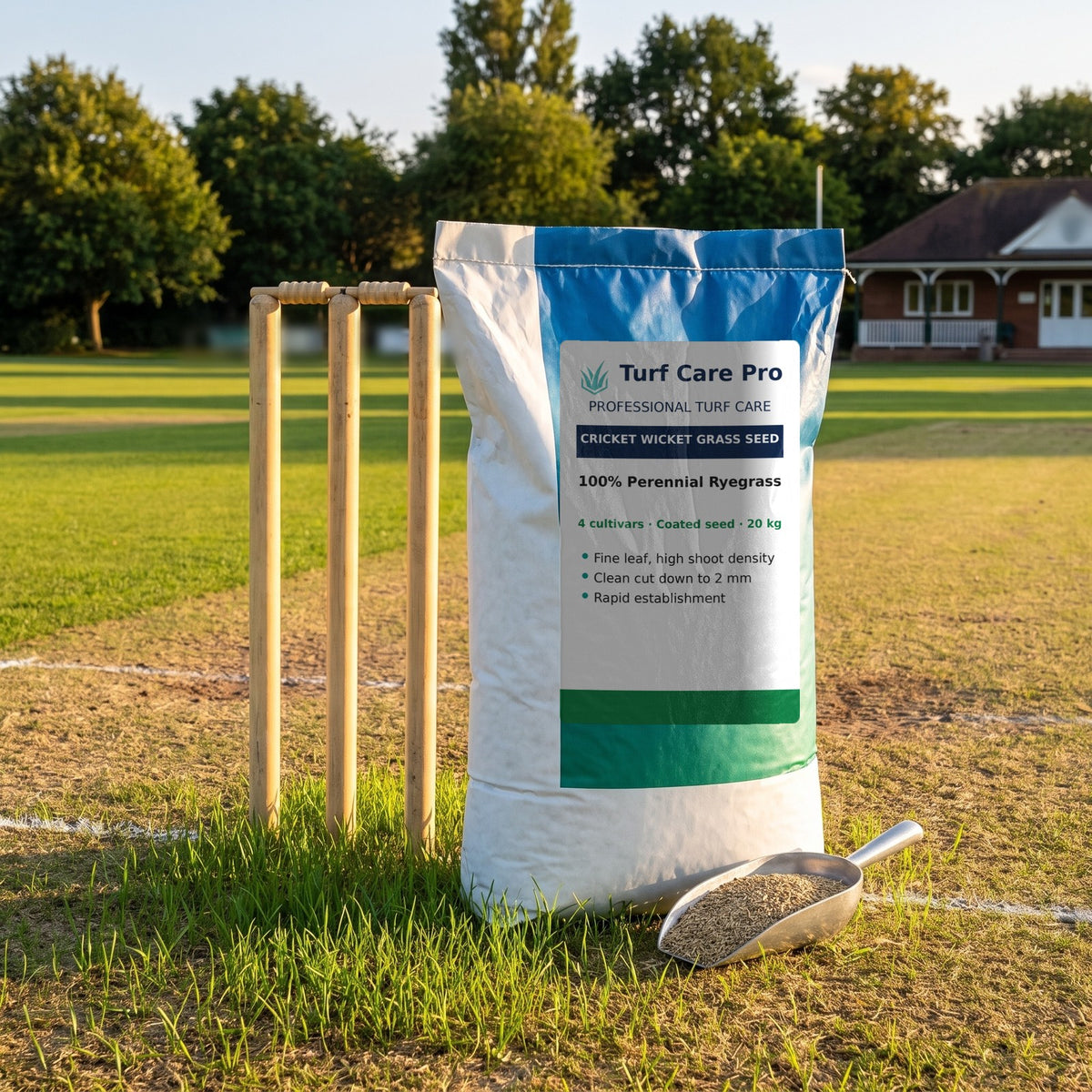 20kg ryegrass wicket seed bag and seed scoop beside stumps on a renovated wicket end