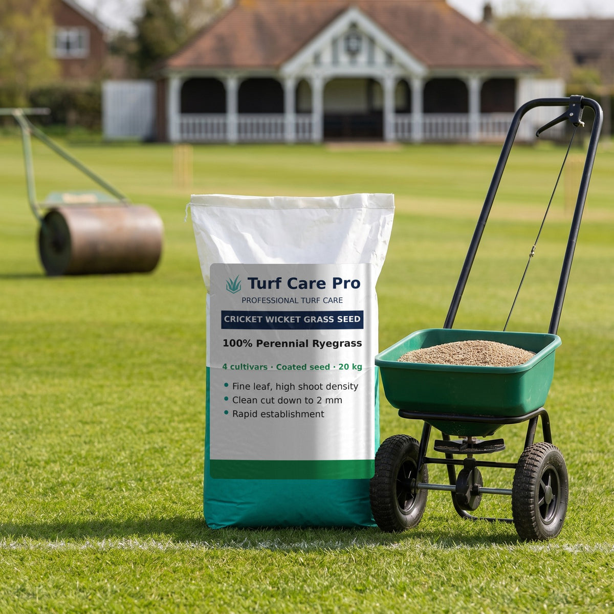 20kg cricket wicket grass seed bag beside a spreader on a village cricket square