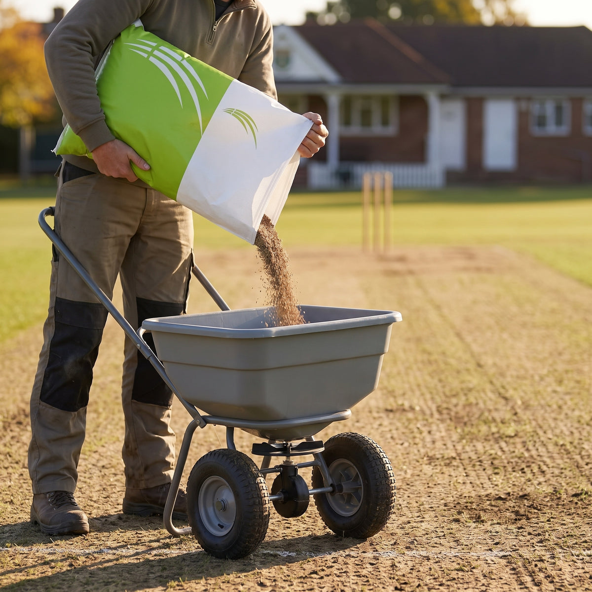 Groundsman pouring cricket wicket grass seed from the bag into a wheeled spreader on a scarified cricket square