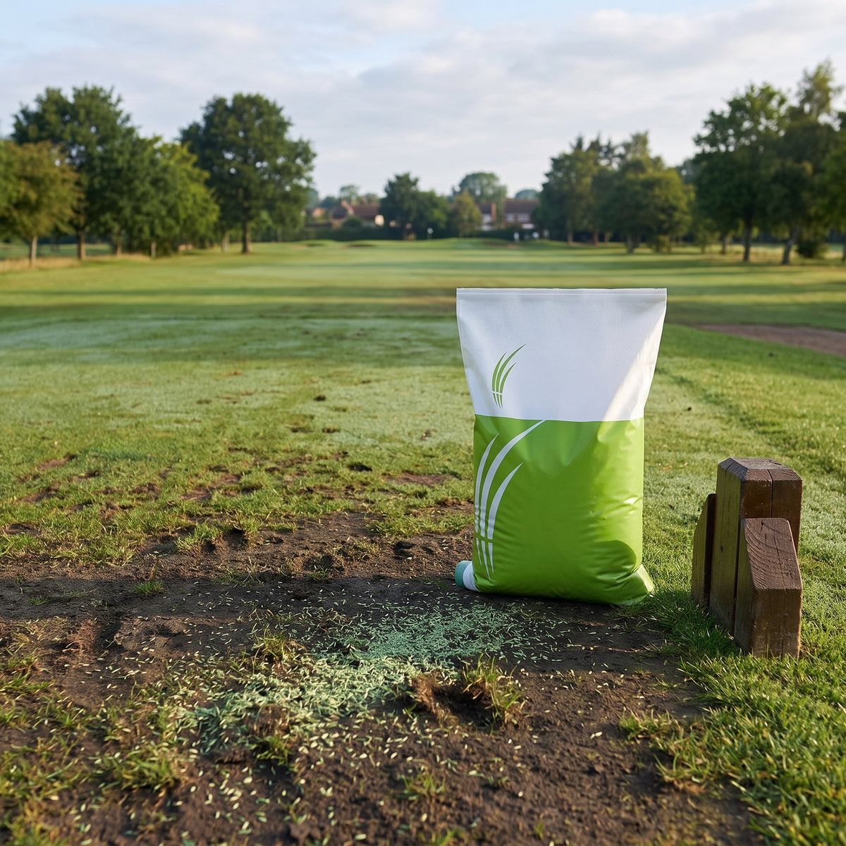 Bag of hard-wearing perennial ryegrass seed beside a worn golf tee being overseeded