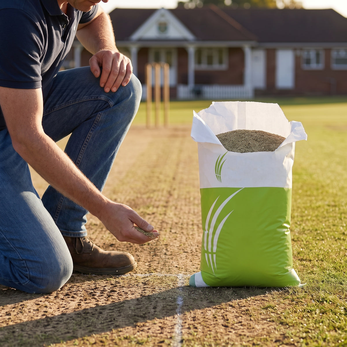 Overseeding a worn patch on a cricket wicket by hand from an open bag of perennial ryegrass seed