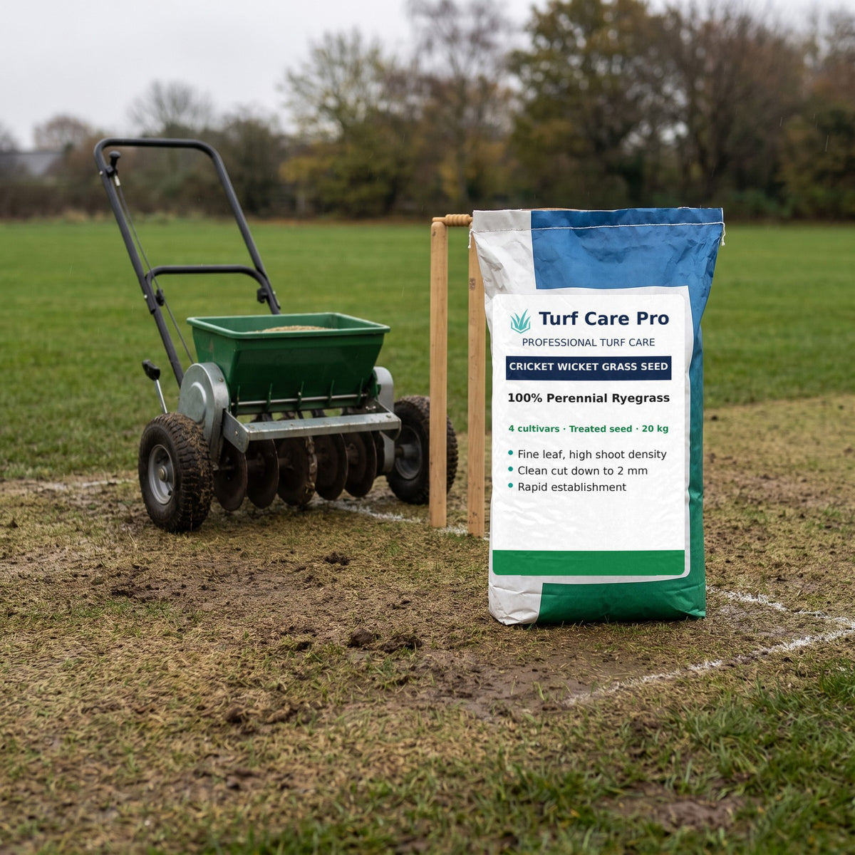 20kg perennial ryegrass wicket seed bag beside a disc seeder during end-of-season wicket renovation