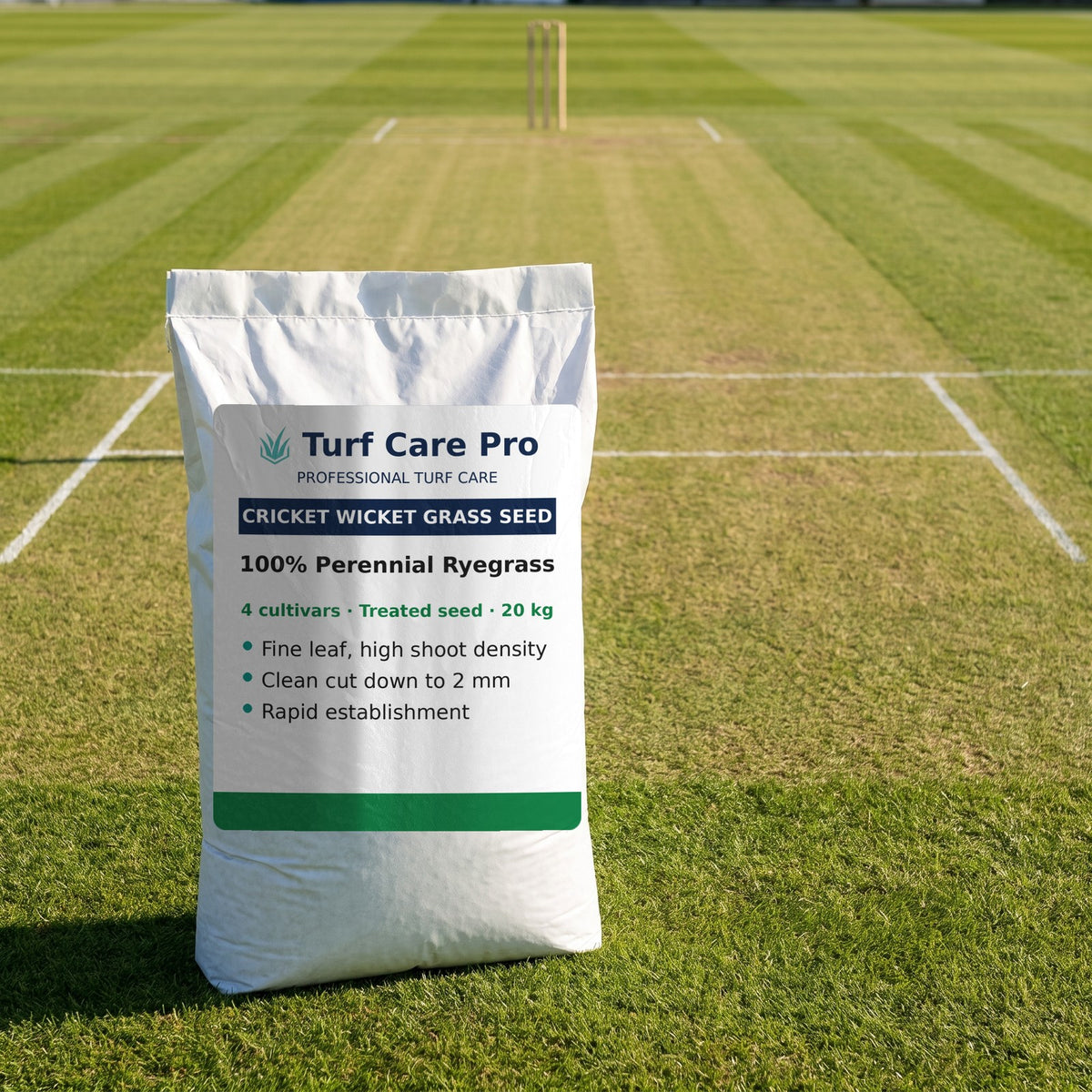 20kg cricket wicket grass seed bag beside a closely mown striped cricket square