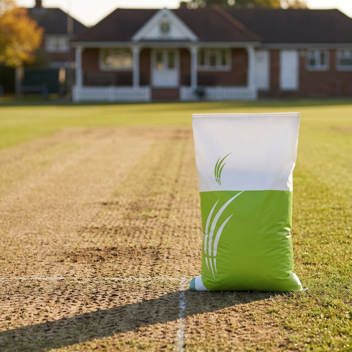 Bag of cricket wicket grass seed on a scarified cricket square during end-of-season renovation