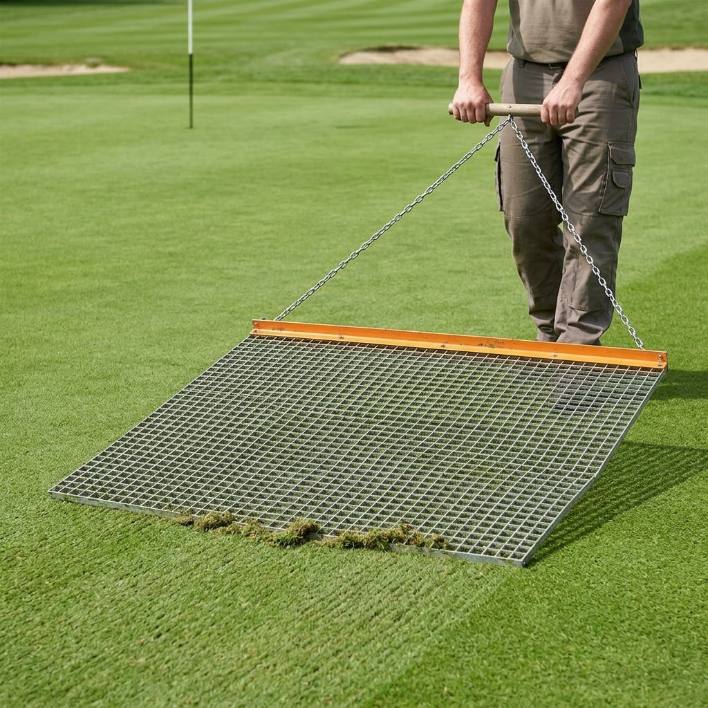 1.35m hand dragmat being pulled across a golf green