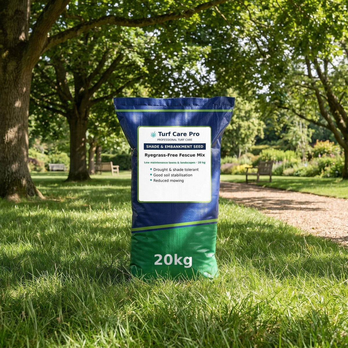 Shade and embankment grass seed 20kg sack on a shaded park lawn under trees