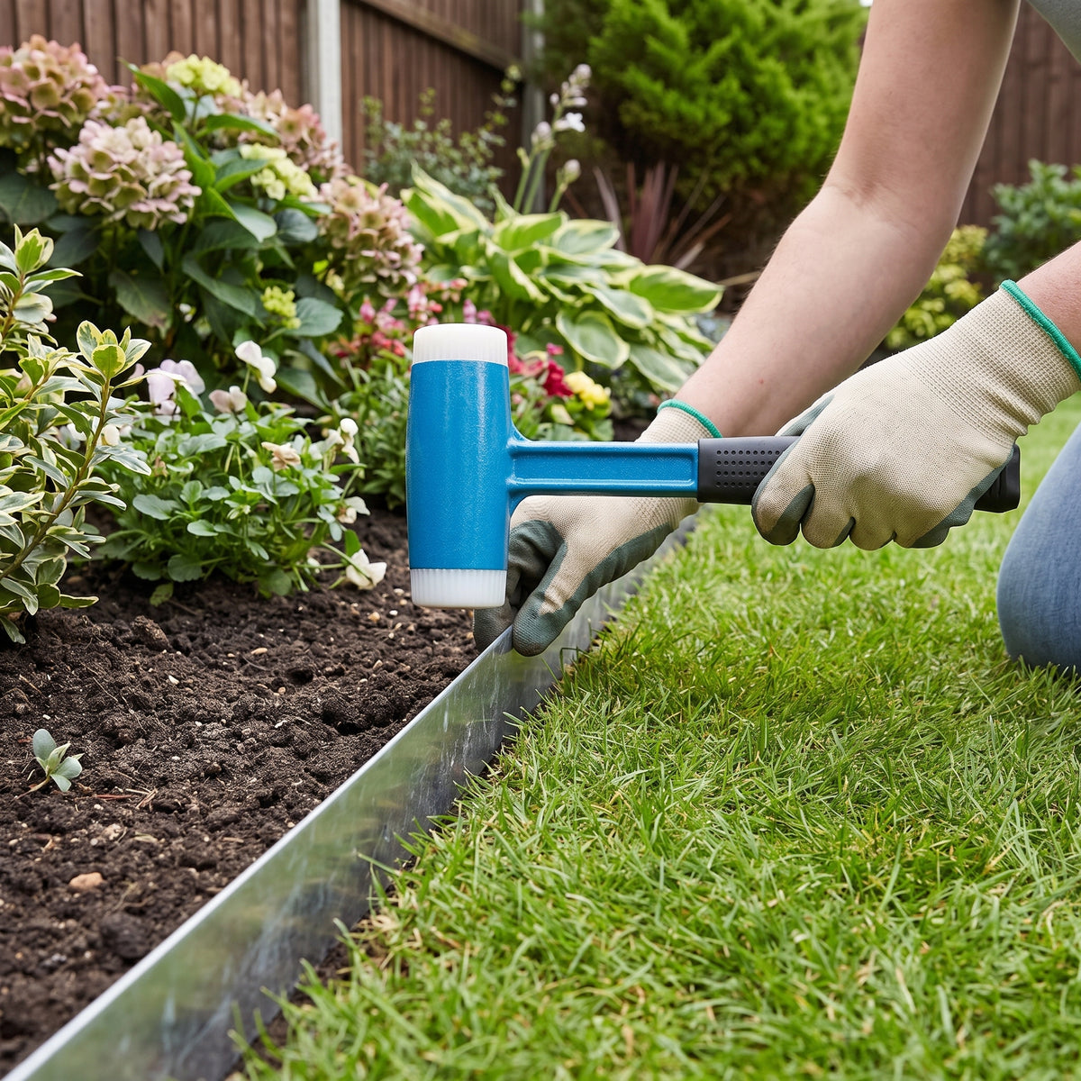 1.3kg dead blow mallet tapping metal lawn edging into place along a garden lawn border