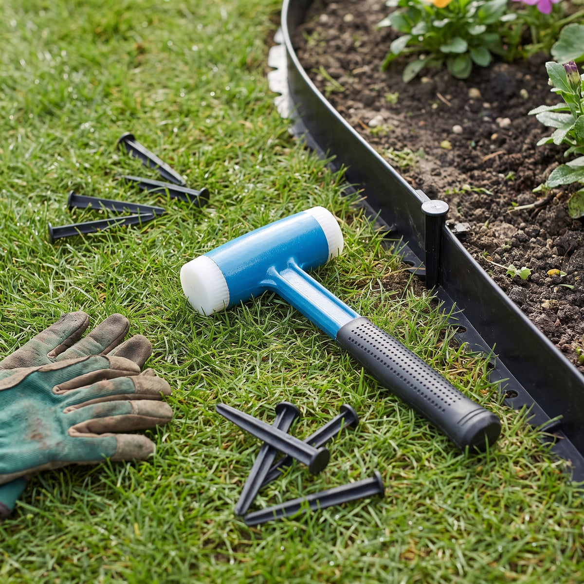 1.3kg dead blow mallet on a lawn beside lawn edging and fixing pegs