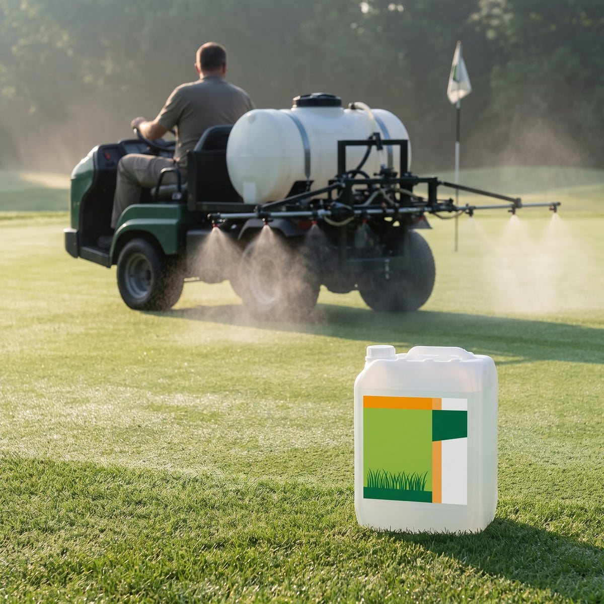 10 litre dew dispersant wetting agent beside a boom sprayer treating a golf green in the early morning
