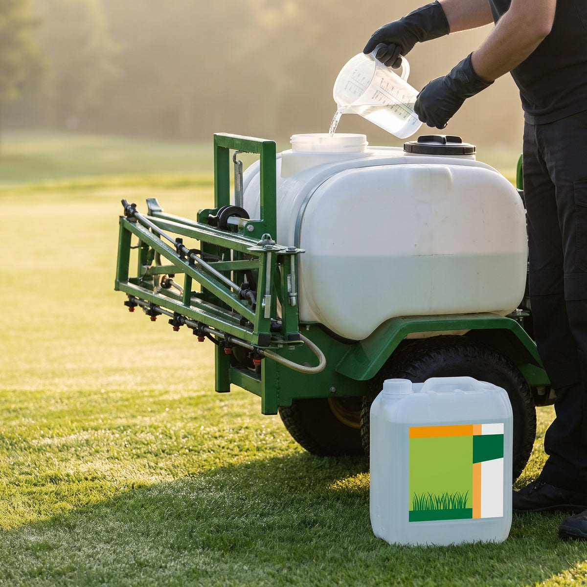 Greenkeeper adding measured dew dispersant to a turf sprayer tank beside a golf green