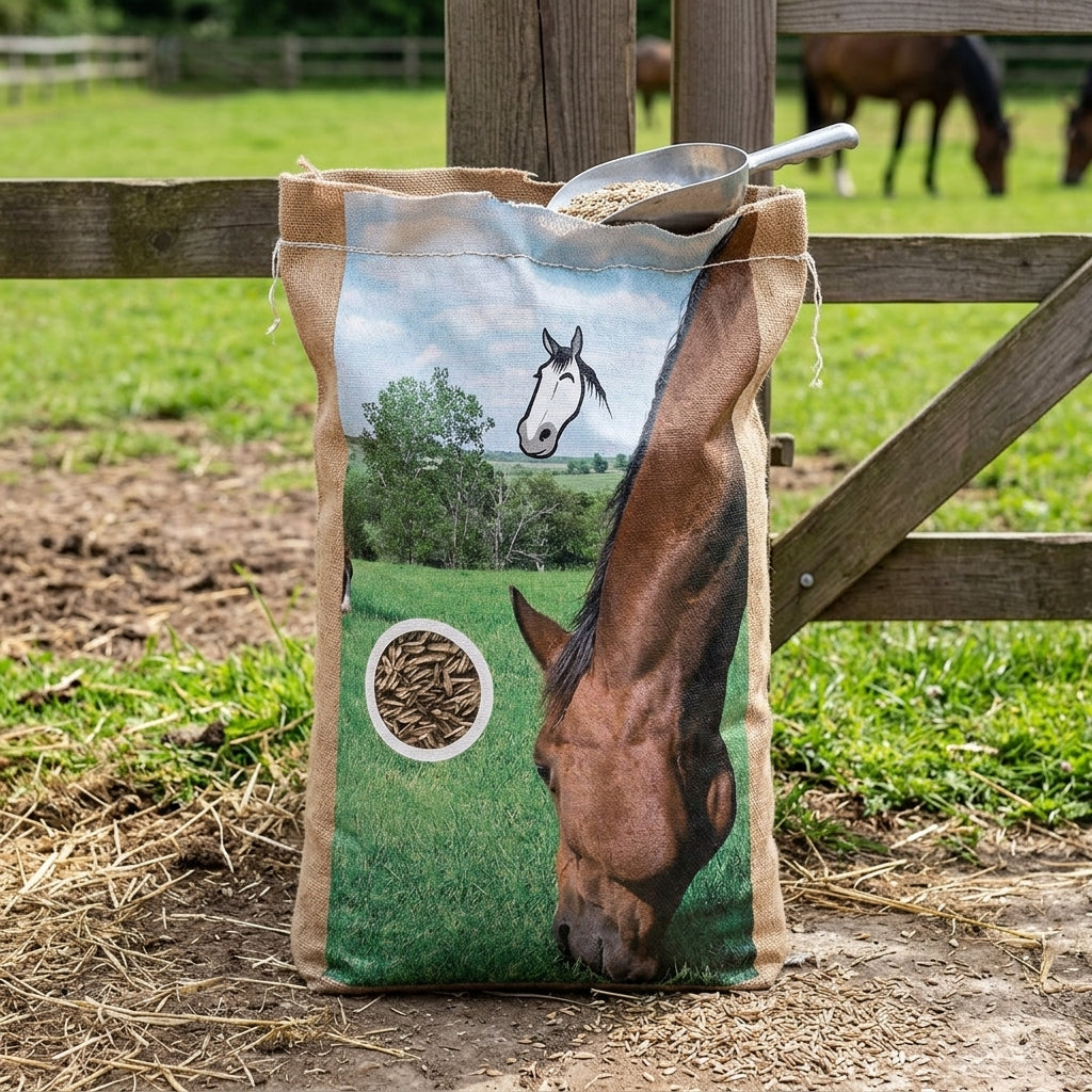 Horse paddock grass seed 10kg bag by a paddock fence with a grazing horse