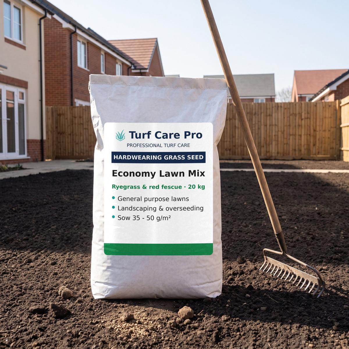 20kg economy hardwearing grass seed bag and rake on prepared topsoil for a new lawn