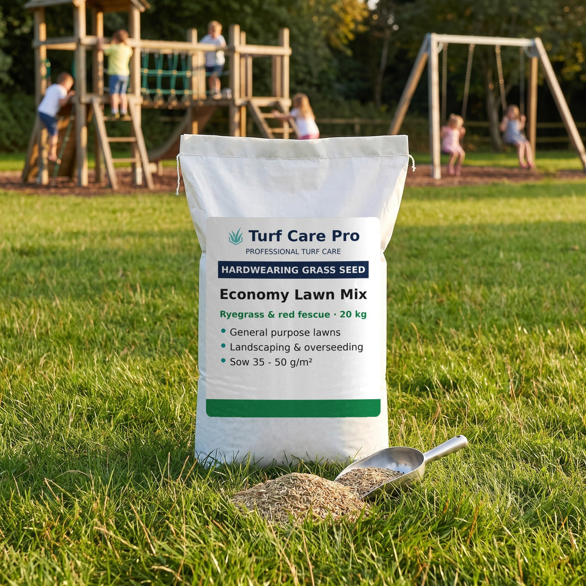 20kg hardwearing grass seed bag with seed scoop on a park lawn beside a play area