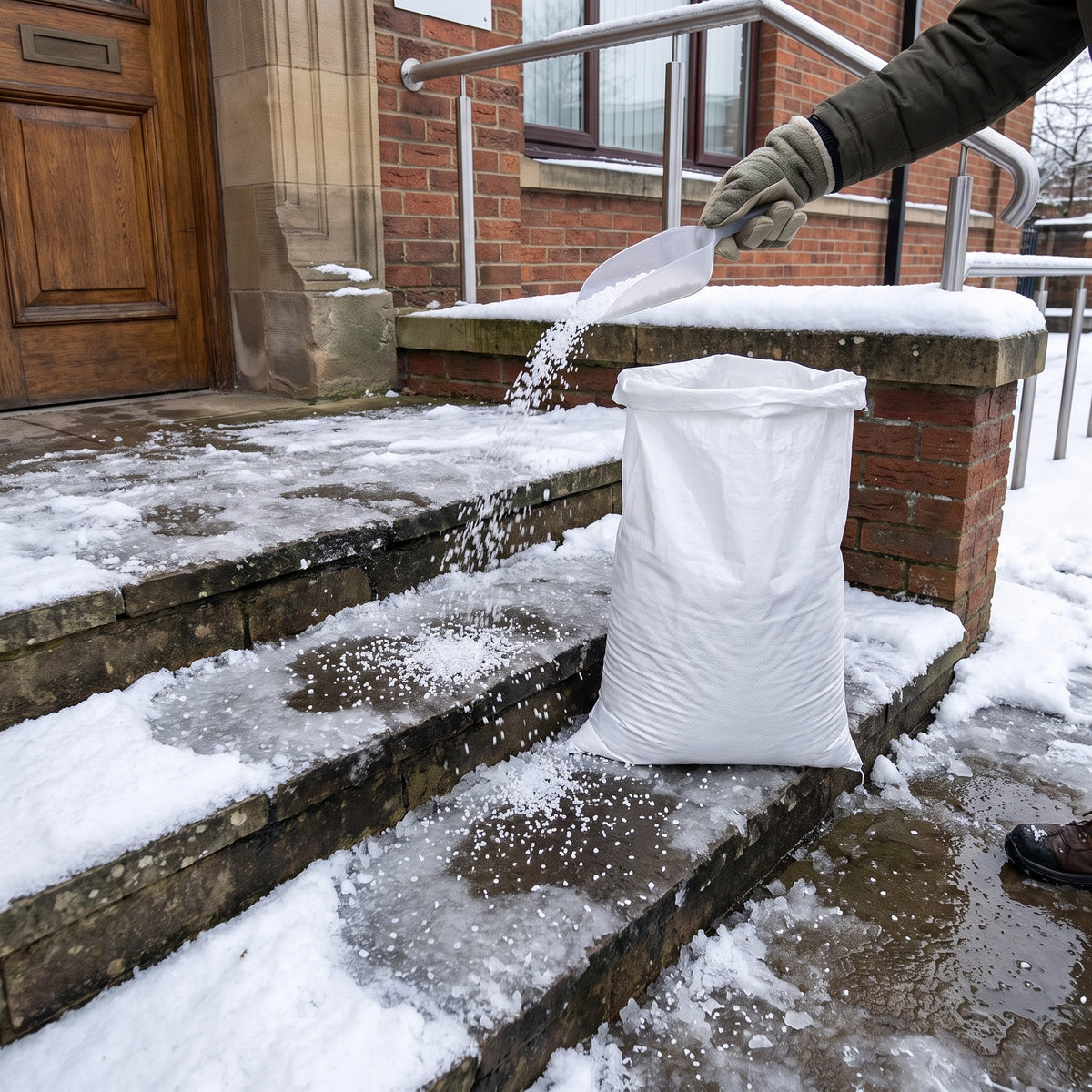 Gloved hand scattering exothermic ice melt granules from a 10kg bag onto icy building entrance steps