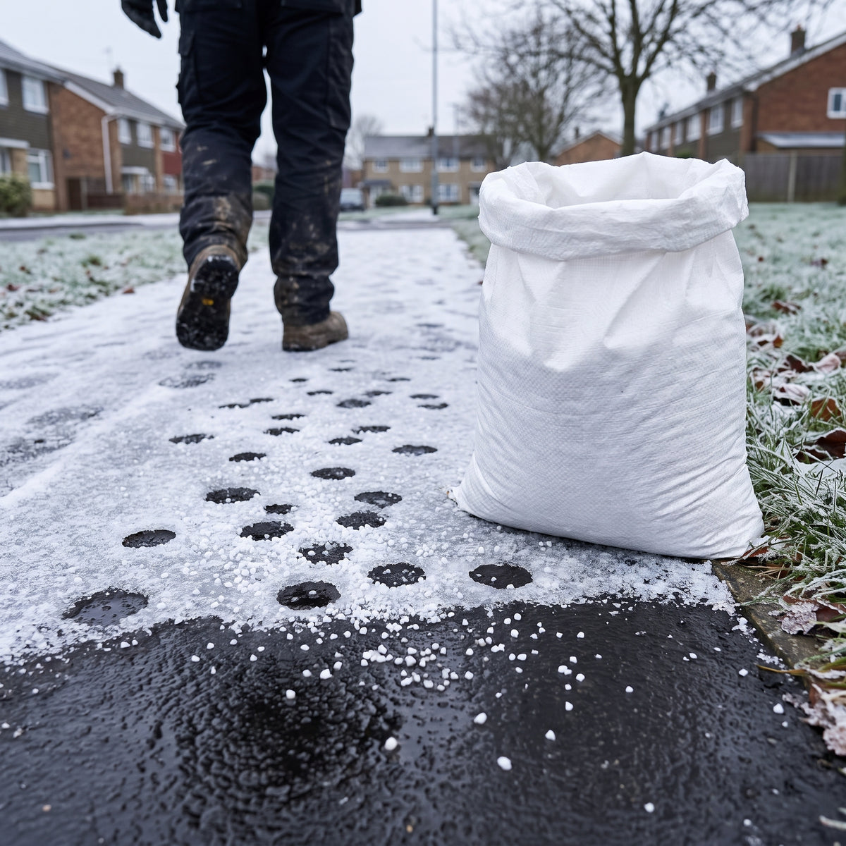 Exothermic ice melt granules melting through ice on a tarmac footpath, leaving clear wet surface
