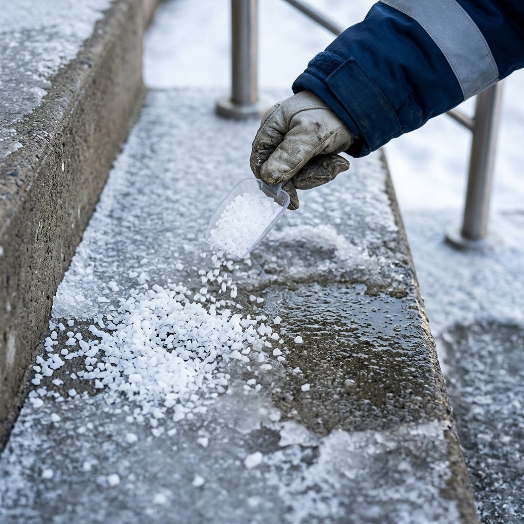 White ice melt granules being sprinkled on icy outdoor steps