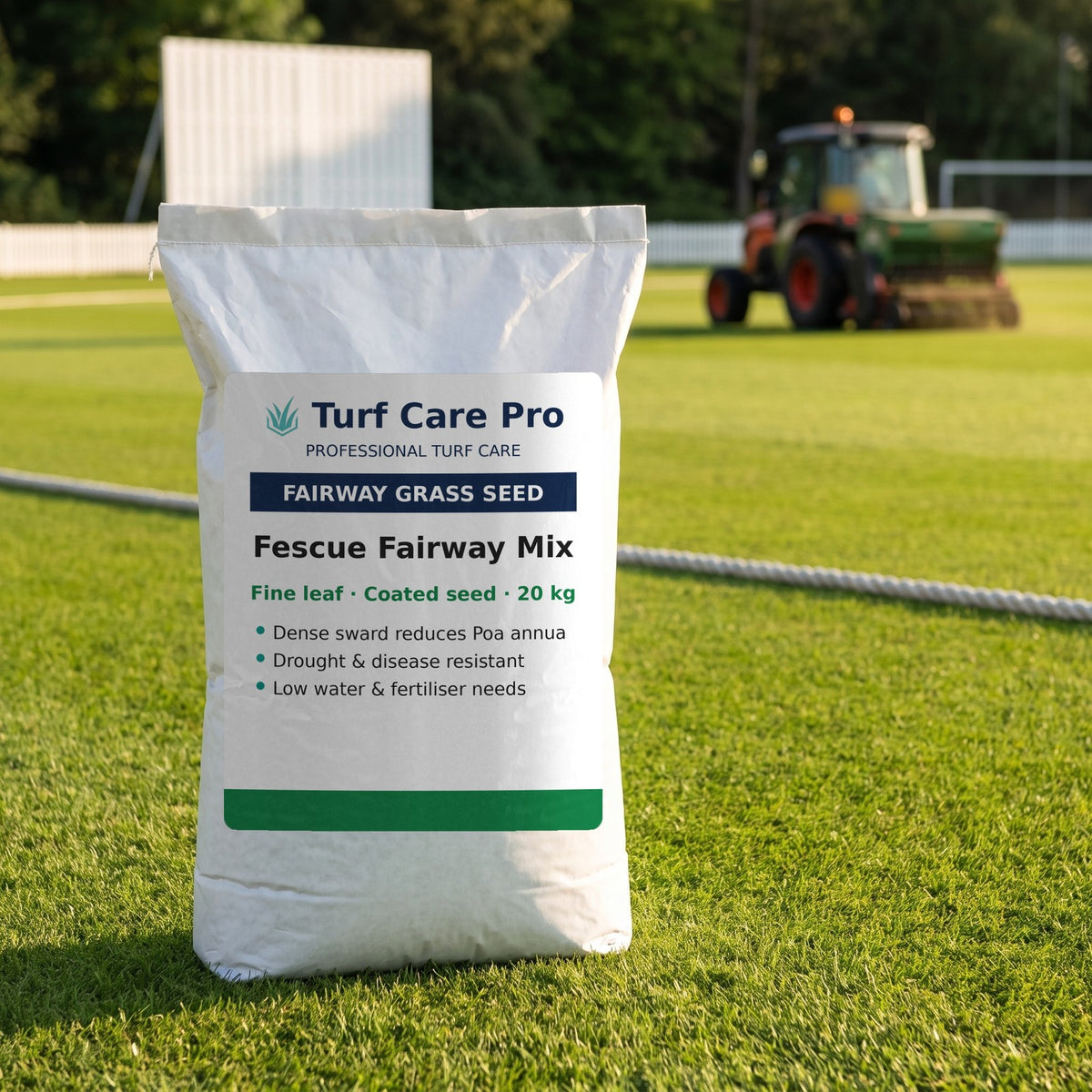 20kg fescue fairway grass seed bag on a cricket outfield with an overseeder behind