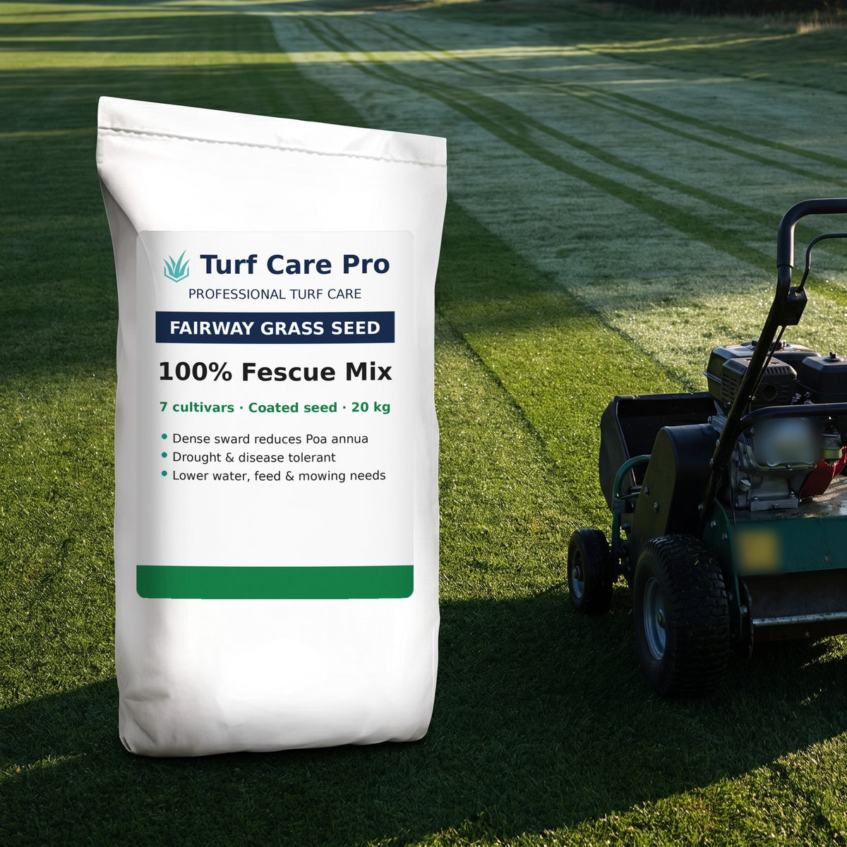 20kg 100% fescue fairway grass seed bag beside an overseeder on a striped golf fairway