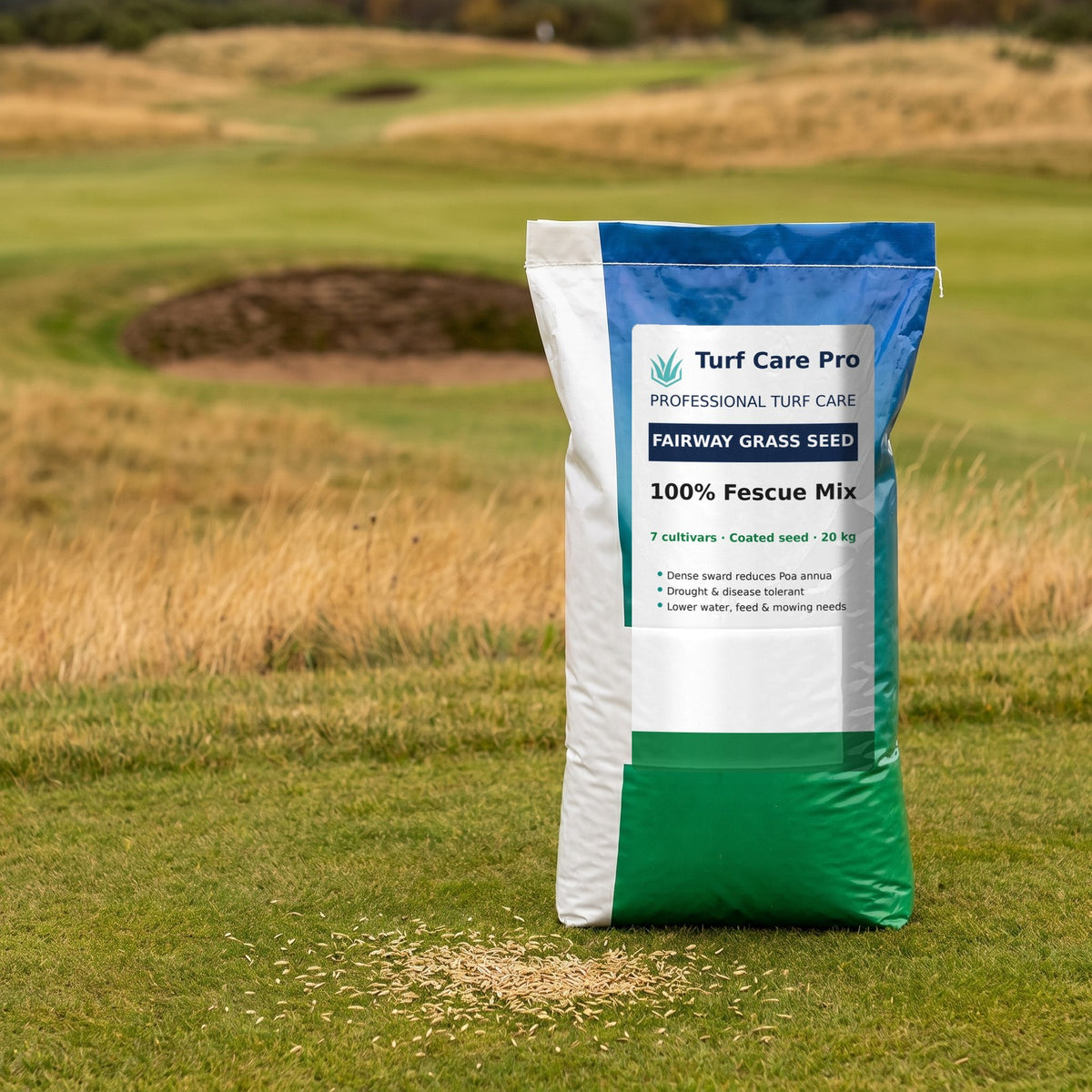 20kg fescue fairway seed bag with seed spilled on a links golf fairway