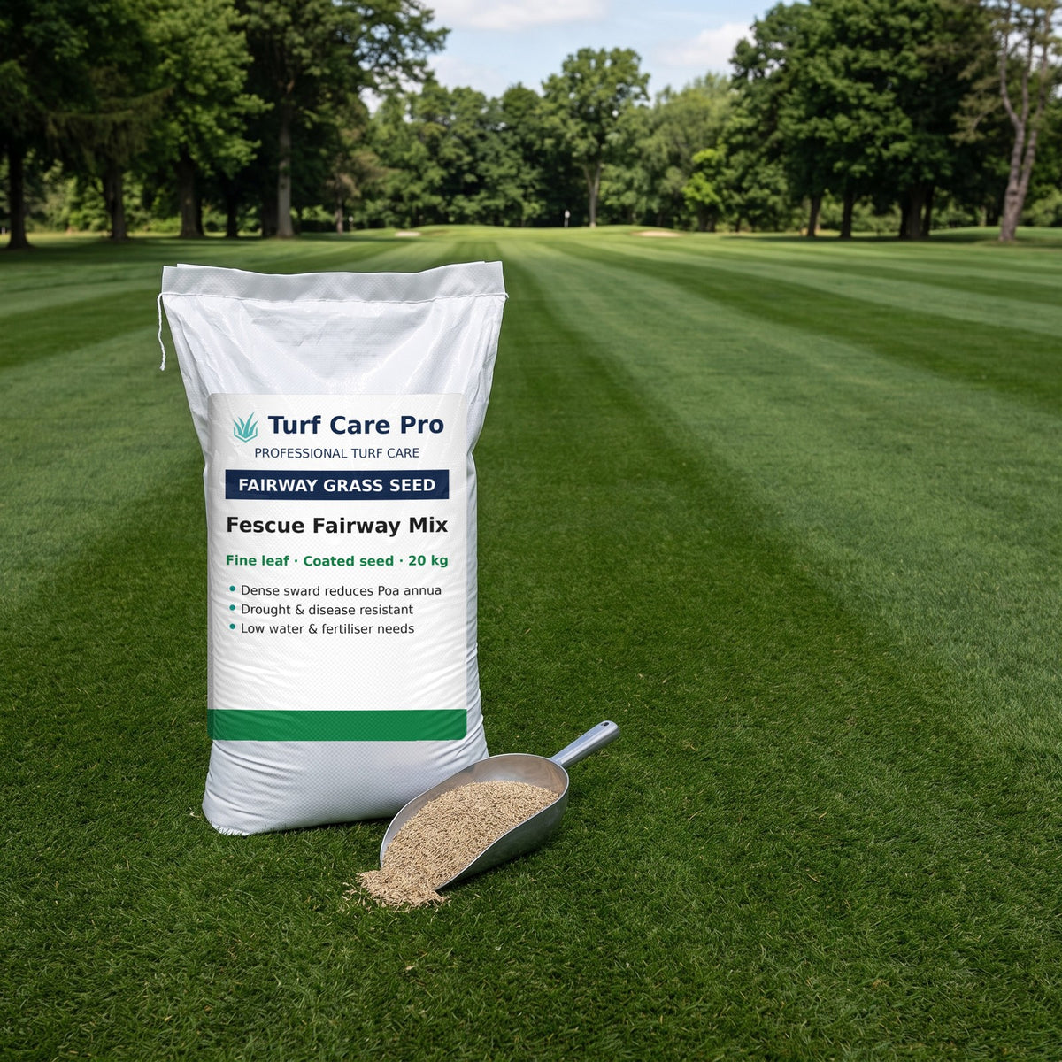 20kg fescue fairway seed bag with seed scoop on a striped parkland golf fairway