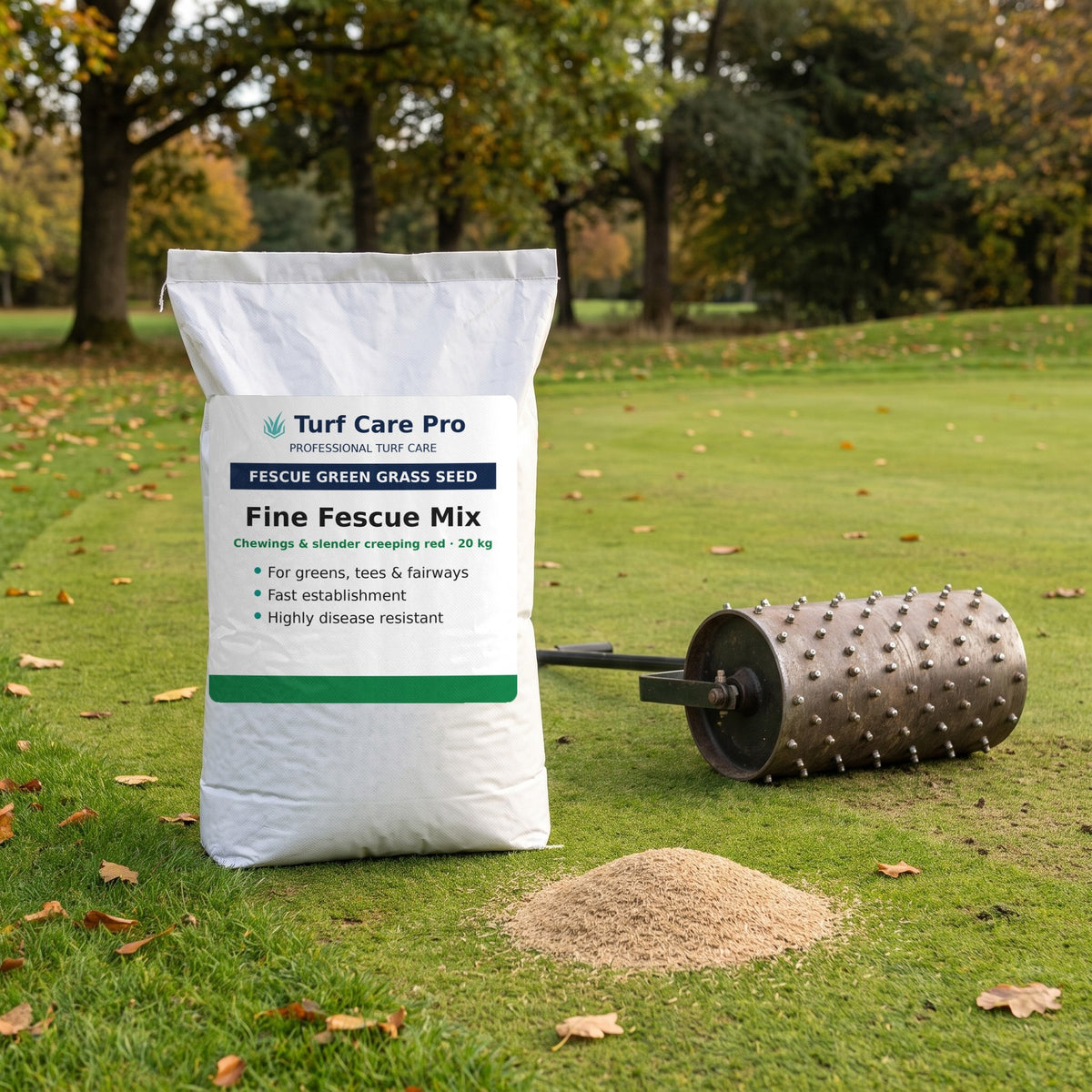 20kg fescue green grass seed bag with seed and a studded seed roller on a golf green