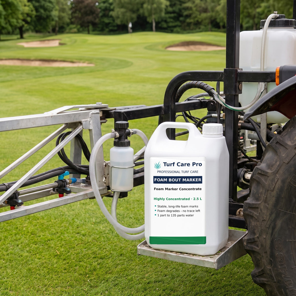 2.5L foam bout marker on a boom sprayer step next to the foam marker filler bottle