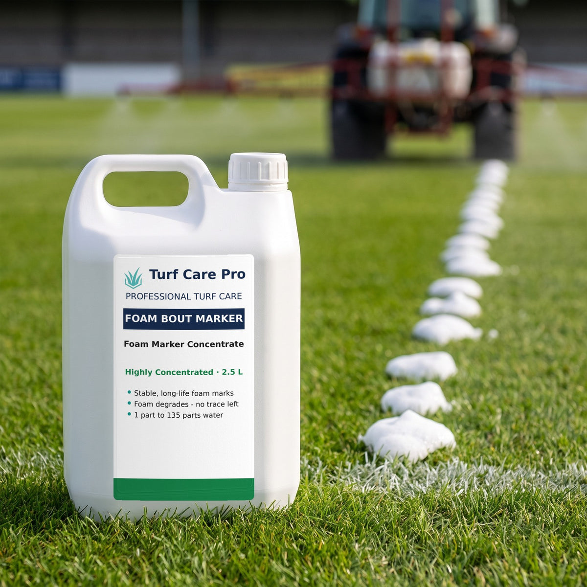 2.5L foam bout marker concentrate on a sports field beside a line of white foam marks from a boom sprayer