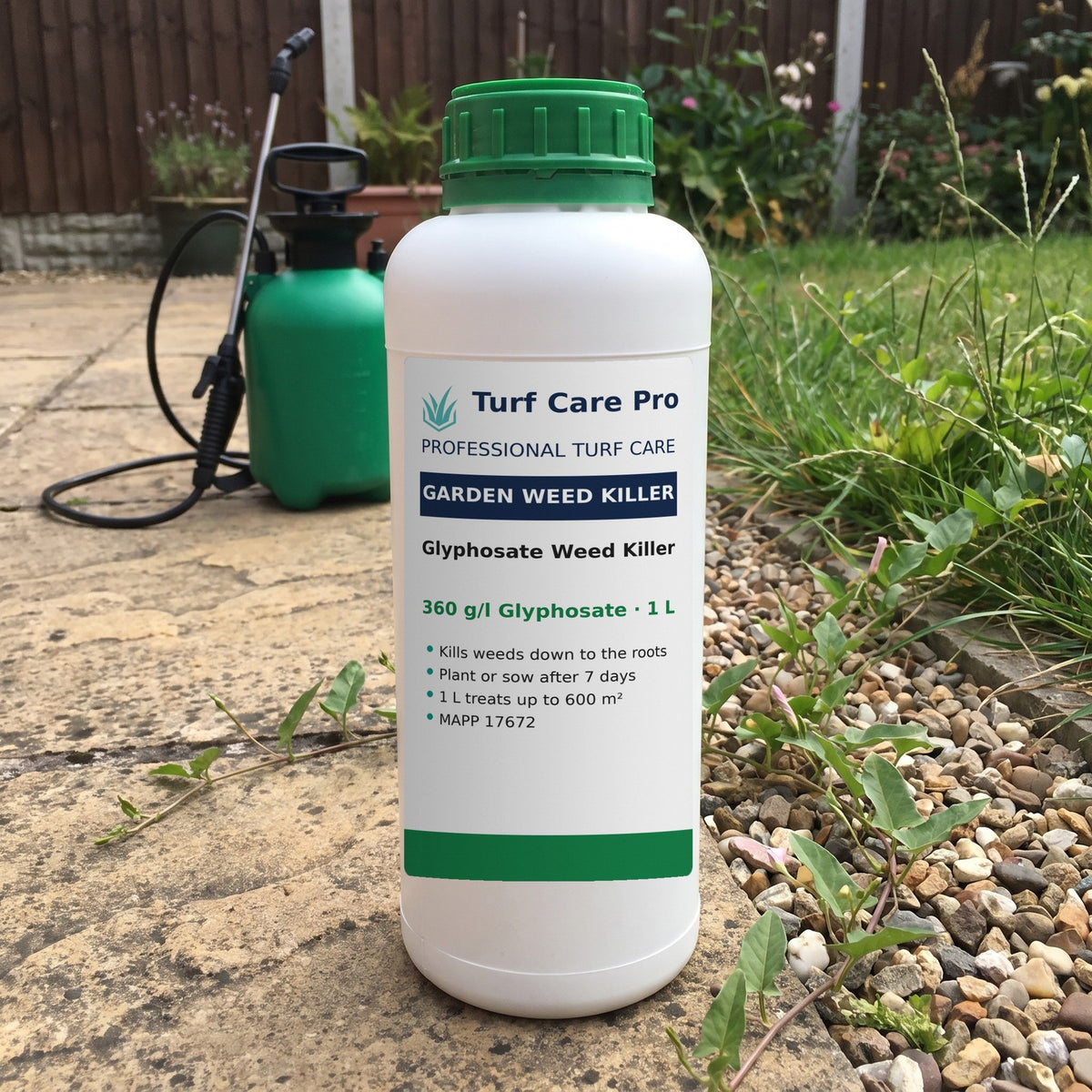 1L garden glyphosate weed killer on a patio beside a weedy gravel border with a pump sprayer