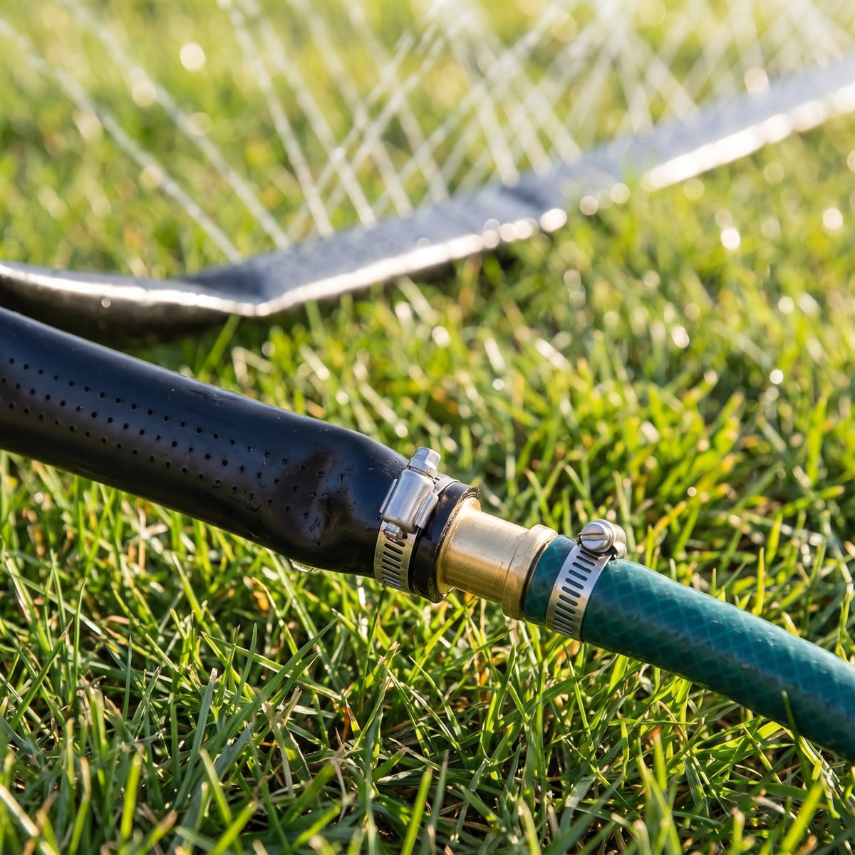 Perforated irrigation hose connected to a garden hose with a brass hose tail and hose clips