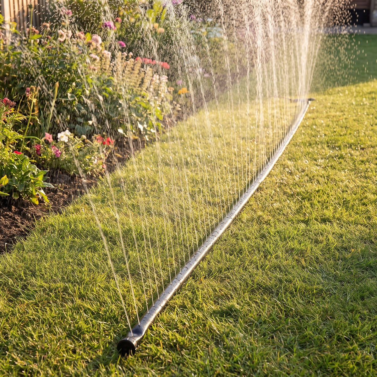 10m laser-perforated garden irrigation hose giving a gentle rain-like watering pattern across a lawn and flower bed