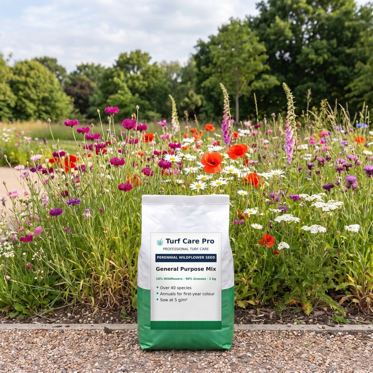 1kg general purpose wildflower and grass seed mix in front of a first-year wildflower meadow