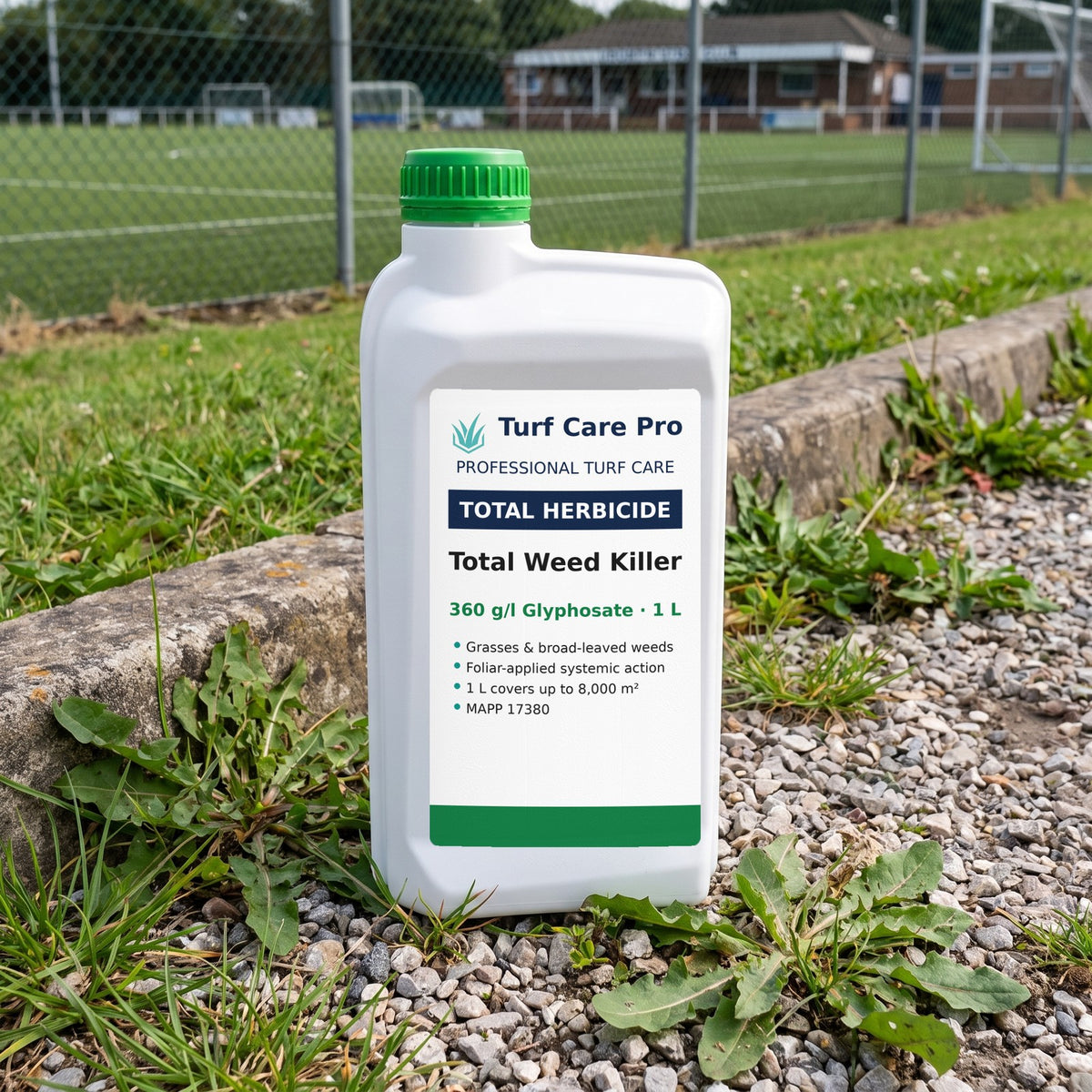 1L glyphosate total herbicide on a weedy gravel path beside a sports club kerb